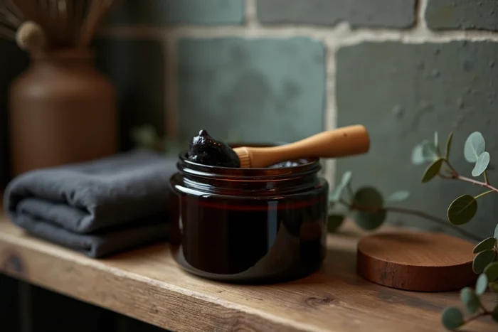 Bocal en verre ambré de savon noir ménager ouvert avec une brosse en bois sur une étagère en chêne dans une salle de bain naturelle