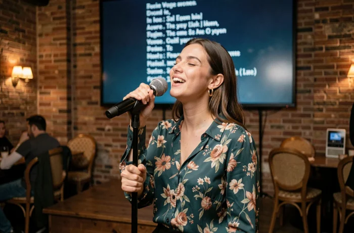 Jeune femme chantant sur scène dans un bar karaoké de Lyon avec écran de paroles et décor bistro