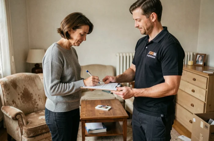 Une femme signant le bon de livraison d'un meuble Emmaüs dans son appartement