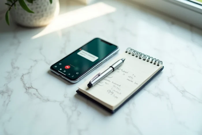 Gros plan d'un smartphone affichant un numéro WhatsApp avec indicatif +212 posé sur une surface en marbre avec des notes manuscrites