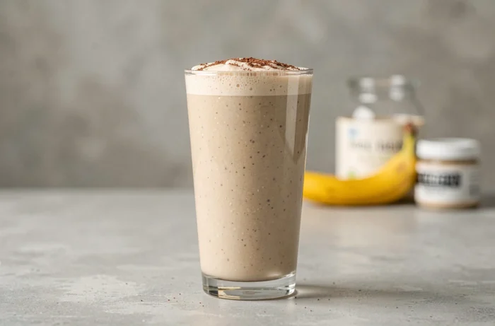 Grand verre de smoothie protéiné épais sans paille, garni d'une légère touche de poudre de cacao, posé sur un comptoir en béton gris