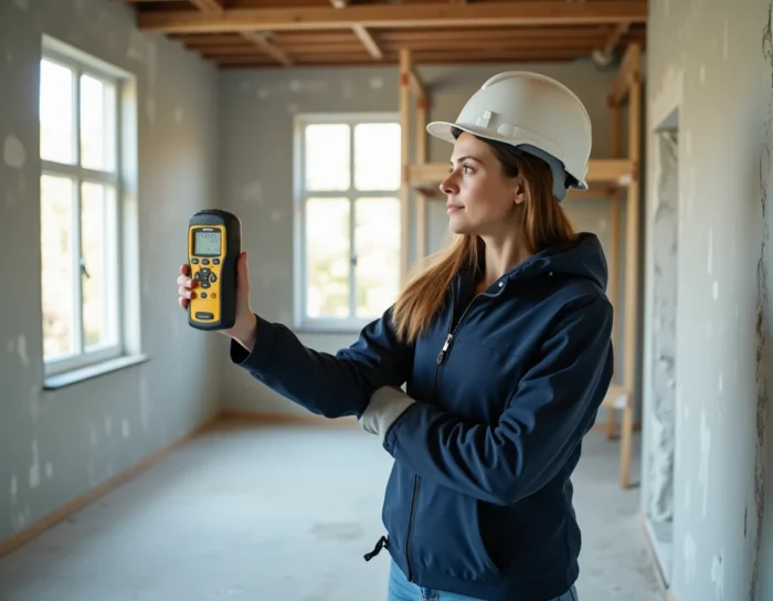 Spécialiste en rénovation inspectant un mur plâtré avec un équipement professionnel dans un salon en travaux