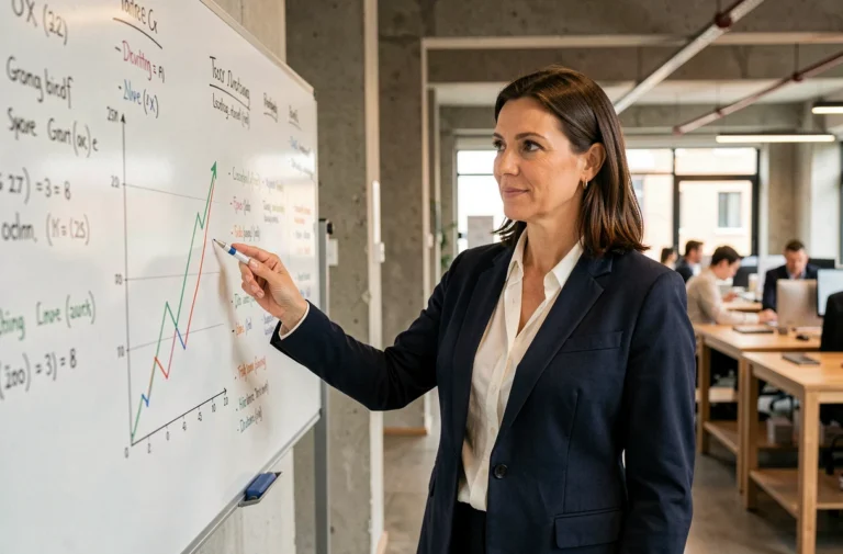 Femme d'affaires présentant une stratégie de croissance d'entreprise devant un tableau blanc avec des graphiques ascendants dans un bureau moderne