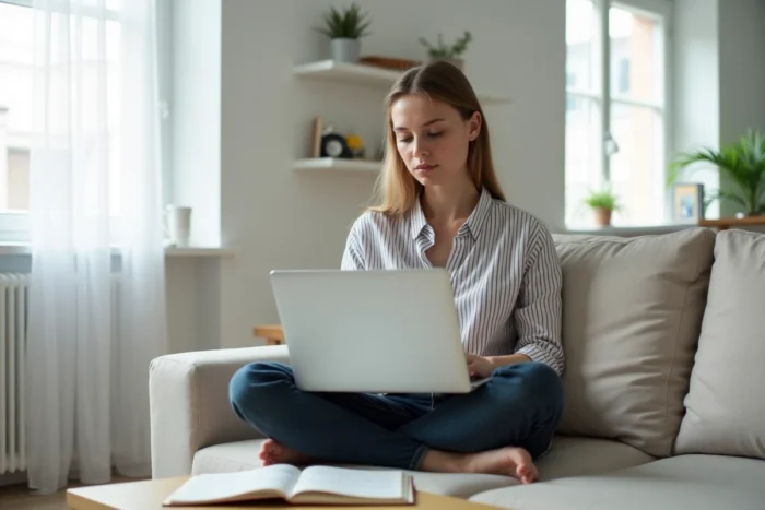 Jeune femme travaillant sur une stratégie de mots clés SEO depuis son salon avec un carnet de notes et un ordinateur portable