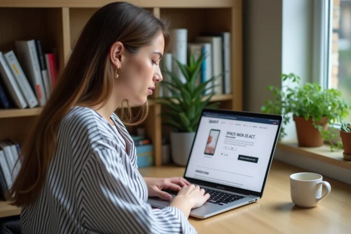 Femme suivant la livraison d'une commande Space NK en ligne depuis son bureau à domicile en France
