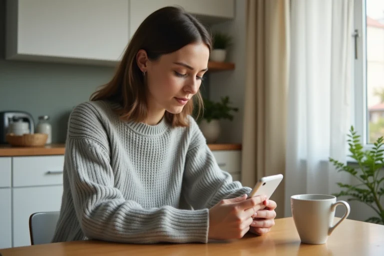 Femme consultant son application de remboursement santé Fiteo en temps réel sur smartphone à la maison