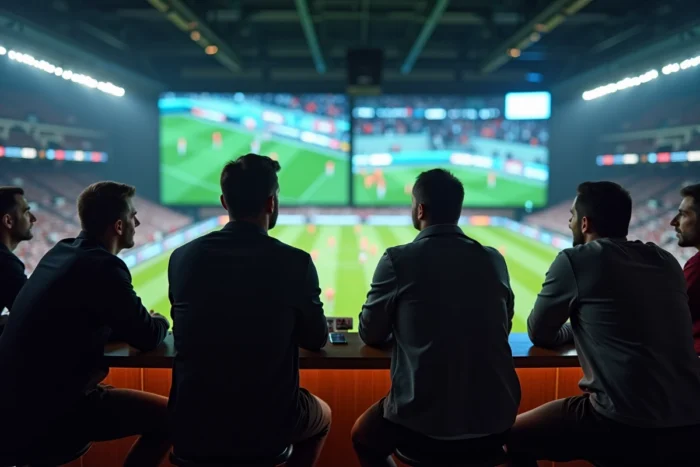 Groupe de journalistes et supporters regardant des retransmissions sportives en direct sur grand écran dans un bar sport