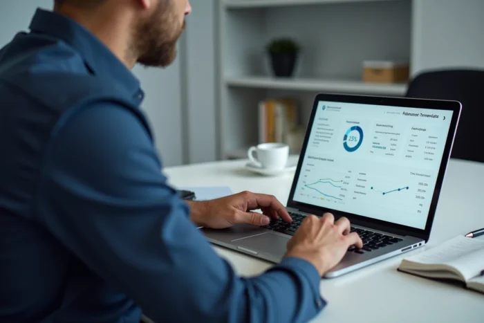 Homme professionnel consultant le tableau de bord de remboursements santé Fiteo sur ordinateur portable au bureau