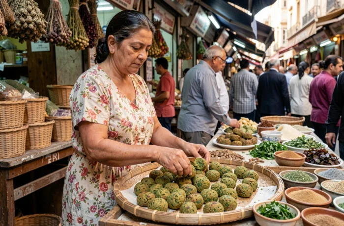 Femme égyptienne préparant des ta'ameya aux fèves dans un marché traditionnel du Caire