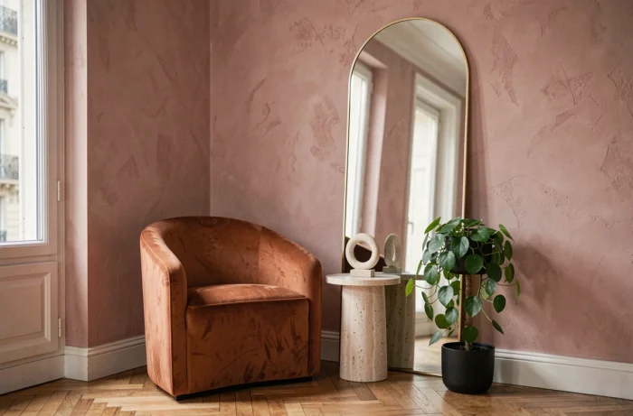 Coin déco tendance 2024 avec fauteuil terracotta, miroir arqué en laiton et mur en chaux rose dans un appartement haussmannien