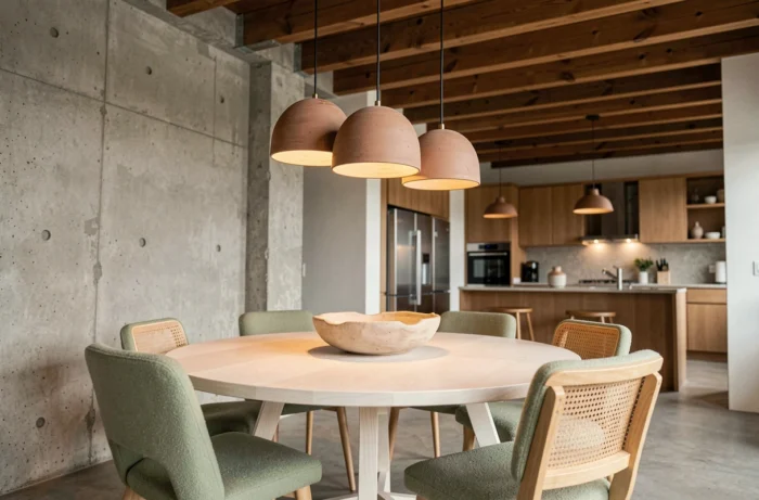 Salle à manger tendance 2024 avec table en chêne, chaises en bouclette sauge et suspensions en argile style wabi-sabi dans un loft