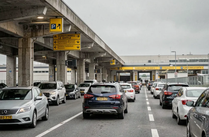 Terminal Eurotunnel Le Shuttle à Coquelles près de Calais, voitures en file d'attente pour traverser la Manche vers Londres