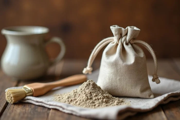 Petit sac en tissu de terre de Sommières avec de la poudre grise-beige renversée sur un linge de lin sur une table en bois