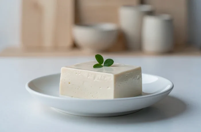 Petite assiette blanche avec un bloc de tofu soyeux nature glistening, garni d'une herbe fraîche sur un comptoir minimaliste
