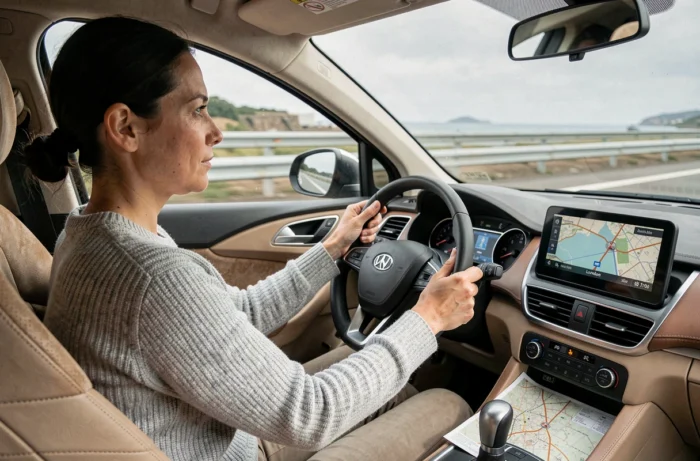 Femme conduisant sur l'autoroute en direction de Londres depuis Paris, GPS affiché sur le tableau de bord