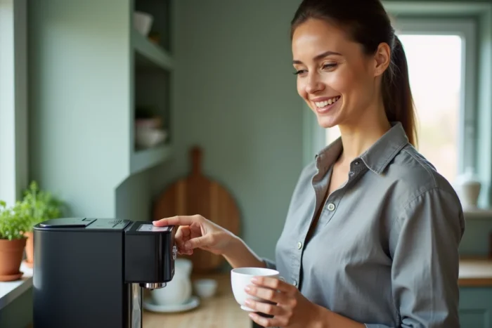 Femme utilisant la machine à café Melitta Caffeo Solo en appuyant sur le bouton de sélection dans une cuisine moderne