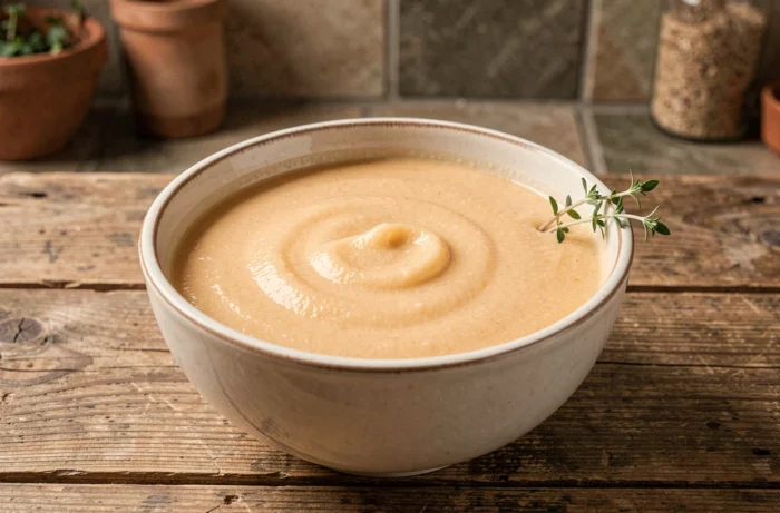 Bol de velouté de légumes refroidi à texture lisse servi dans un bol en céramique sur une table en bois rustique