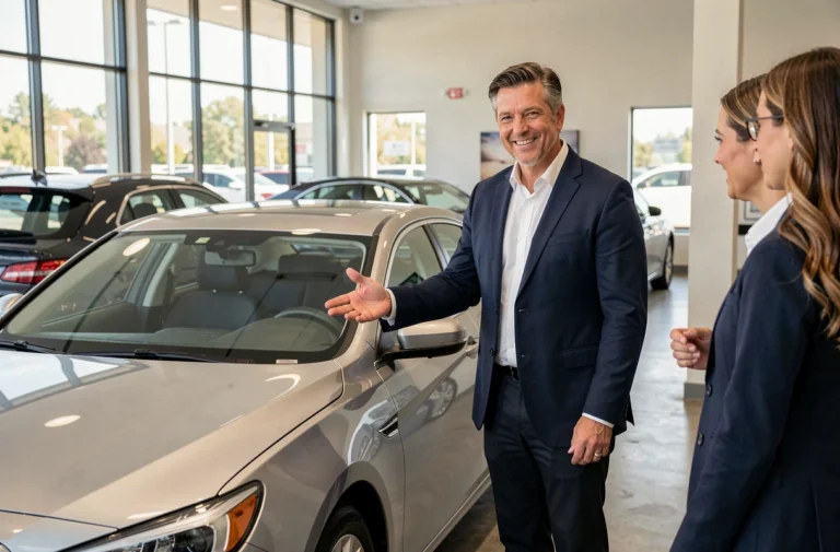 Vendeur automobile professionnel présentant une berline neuve à des clients dans une concession moderne