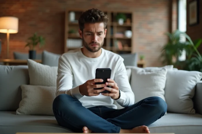 Jeune adulte vérifiant les alertes de confidentialité sur smartphone pour se prémunir contre les fuites d'informations personnelles