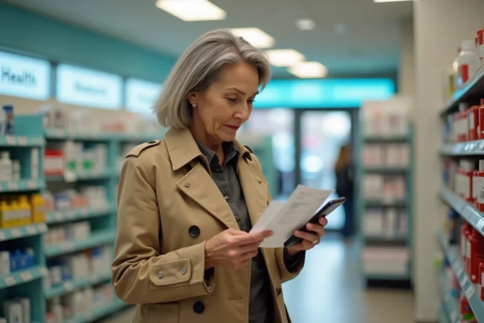 Femme vérifiant en temps réel le statut de remboursement santé Fiteo sur son téléphone dans une pharmacie