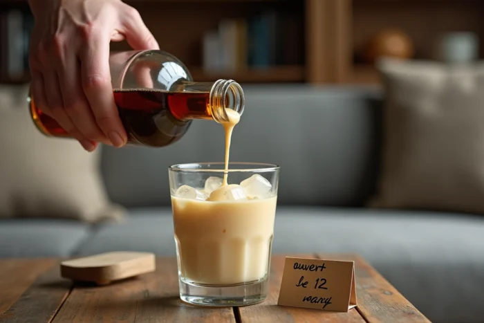 Main versant du Baileys dans un verre à glaçons sur une table en bois avec une note manuscrite indiquant la date d'ouverture de la bouteille