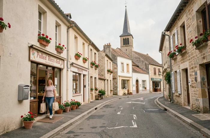 Femme sortant d'une boulangerie dans la rue principale d'un village rural français avec une église en arrière-plan