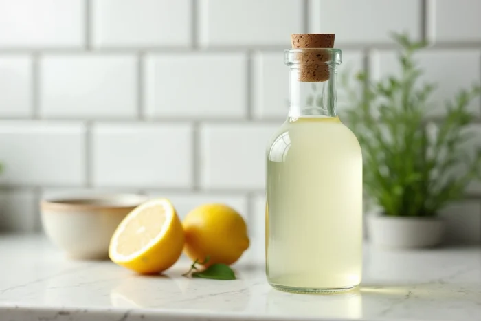 Bouteille de vinaigre blanc en verre posée sur un plan de travail en pierre avec un demi-citron à côté