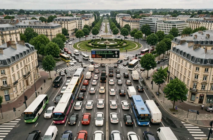 Vue aérienne d'un carrefour embouteillé à Rennes avec panneau d'information trafic en temps réel indiquant des itinéraires alternatifs
