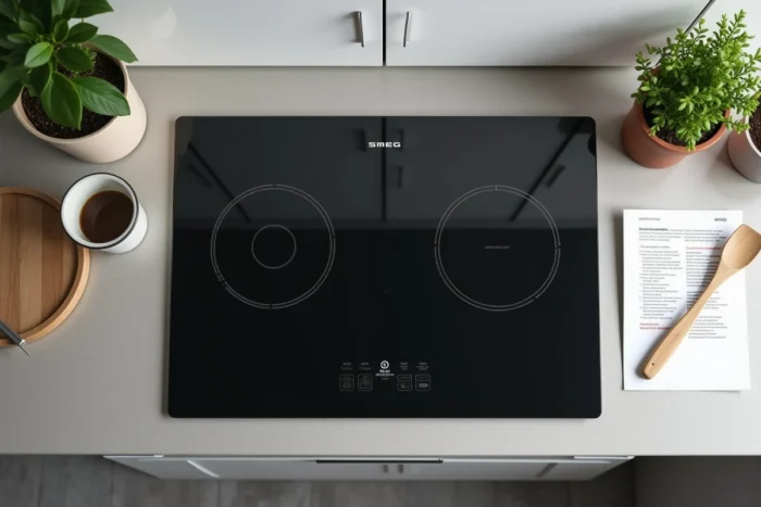 Vue de dessus de la plaque induction Smeg avec icône de verrouillage visible et carte d'instructions posée à côté sur un plan de travail en pierre grise